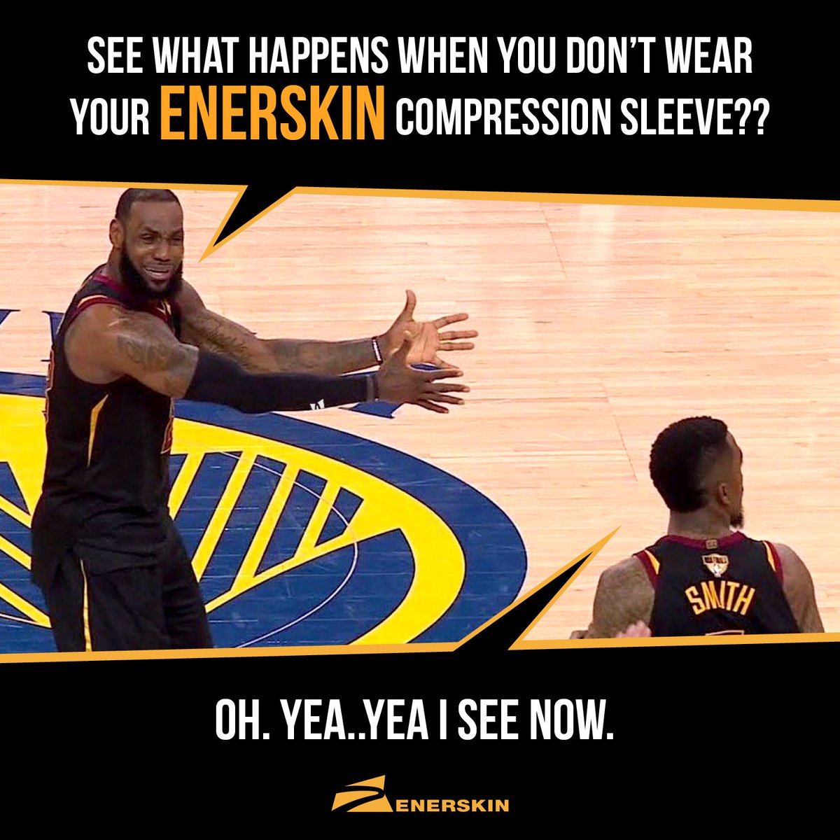 Enerskin's tweet photo. Maybe Lebron wouldn't have to carry the team if the Cavs wore Enerskin compression #game3 #nbafinals #enerskin #compressionwear https://t.co/J34SxqMPaj
