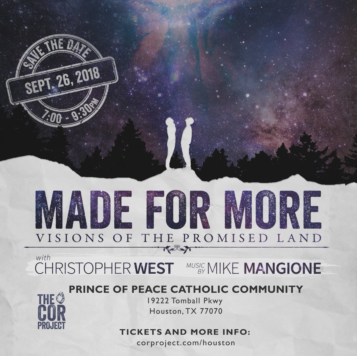 pophouston's tweet photo. The countdown begins! @cwestTOB and @MikeMangione are coming! #madeformore #corproject #theologyofthebody https://t.co/ETWjUiplCM