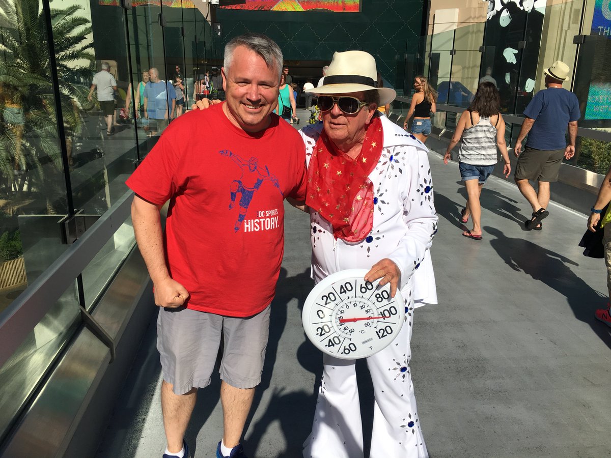 bobinarlington's tweet photo. Elvis AKA @patcollins4 has left the building and is on the Vegas Strip!! Where are @eunyangnbc @dougkammerer @RealLeonHarris ? #JailhouseRocktheRed #ALLCAPS #PoorPat #Polyester #105degrees @nbcwashington https://t.co/f1UxUOkZTg
