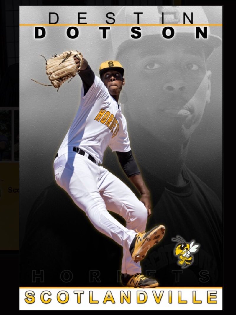 Congratulations once again to our very own, Destin Dotson. Who got drafted today in the 12th Round of the MLB by the Texas Rangers. We are so proud &amp; wish you the best at the next level, continue to thrive! #ScotlandvilleMade 💪🏾🐝⚾️