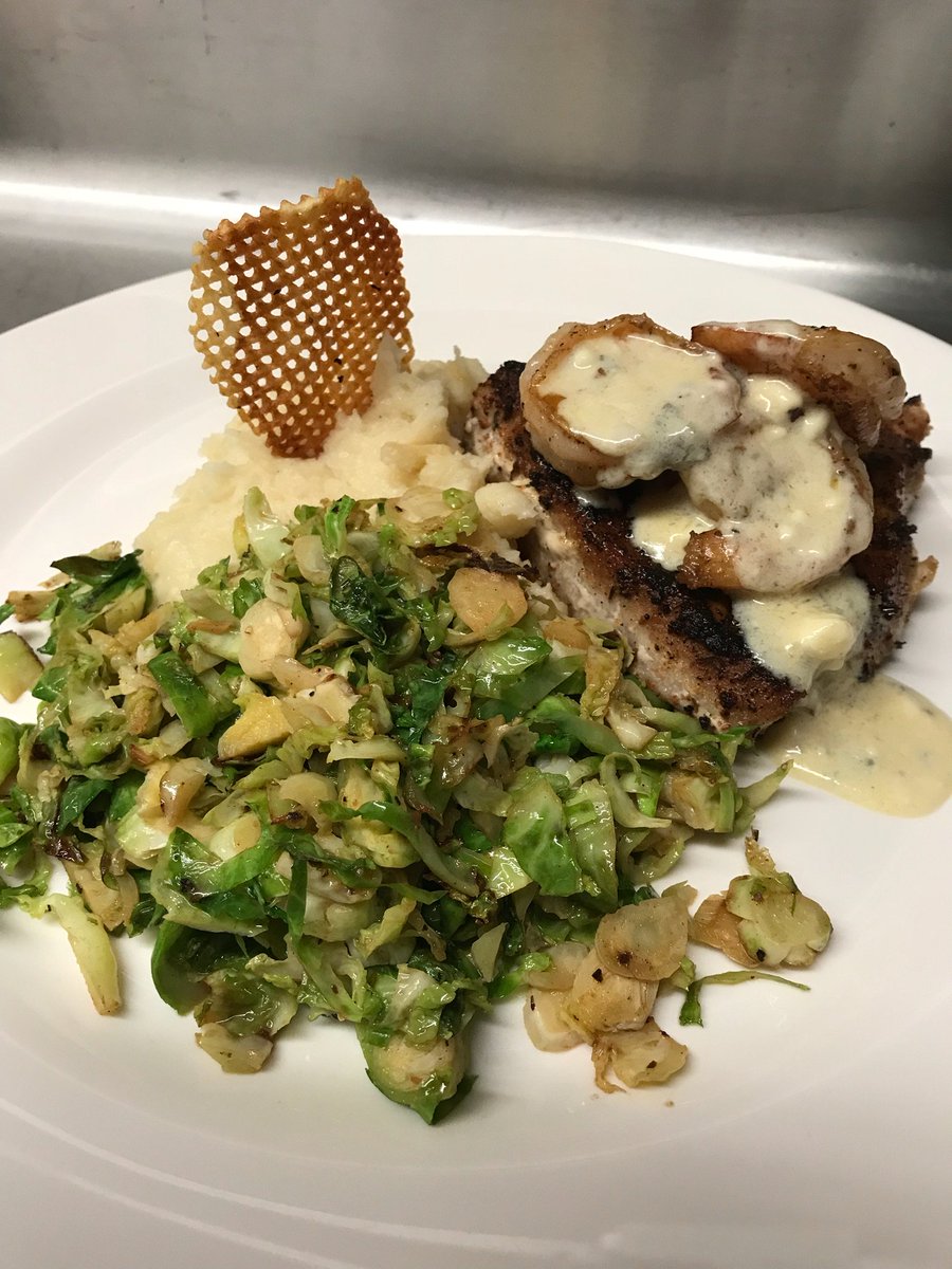 pomegranateva's tweet photo. Come in for dinner and enjoy one of our most popular dishes: Ribeye and shrimp with mashed potatoes and brussels sprouts. https://t.co/iH7KCfIuT8