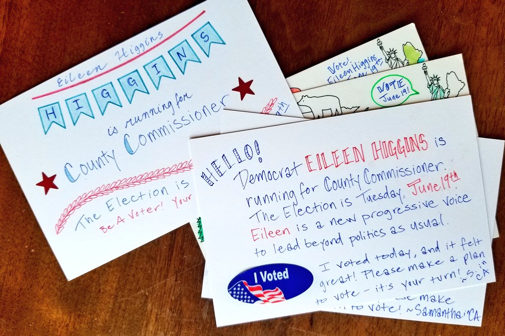 samhollros's tweet image. Yesterday's #IVoted sticker from the #CaliforniaPrimary2018 on one of today's #PostcardsToVoters for #TeamEileen in Florida! Your Vote = Your Voice #GOTV #LaGringa
