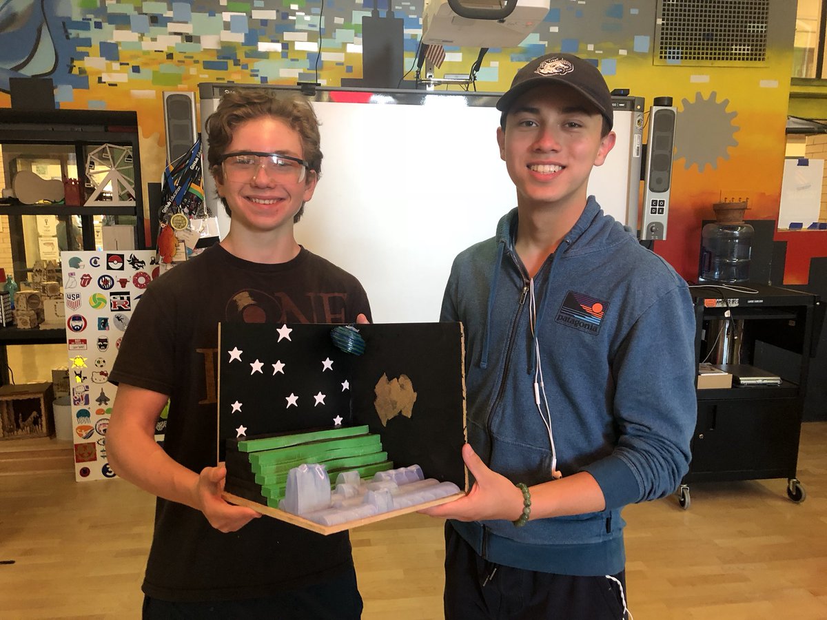 LTMakers's tweet photo. Elliot and Ryan’s final project! 3D carved, 3D printed, vinyl cut, and laser cut! #makered #ltmakers #learningbydoing @silhouetteam @Inventables @EpilogLaser https://t.co/ONYVePhS8b