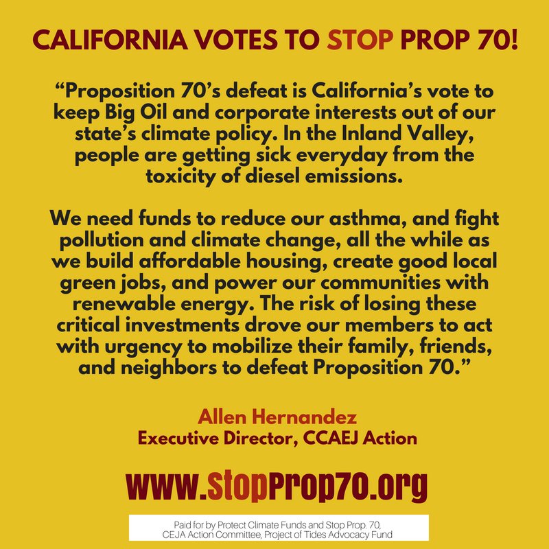 publicadvocates's tweet photo. Our communities united &amp; WE WON! CA defeated the most controversial proposition on the state ballot — #Prop70 that would have undermined climate investments that are improving health, cleaning the air, &amp; fighting climate change! #StopProp70 press release: https://t.co/jTQT95x7bK https://t.co/vjjWE5jdlL