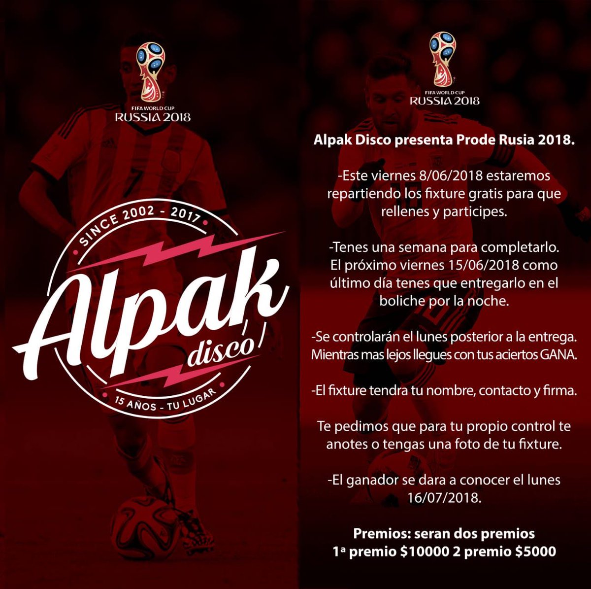 Westbar1's tweet photo. Otro finde recargadito en @ALPAKDISCO ! ⚡🤘

🥇VIERNES: #NocheEnRusia🇷🇺🏆⚽️  👉Participa del prode gratuito y gana $10.000.
🥇SÁBADO: #MarianoMellino 🎇 detonando la #ElectronicFloor 
#AlpakEsFiestaTodosLosFindes ♥️🔥 https://t.co/tR5JoGawKu