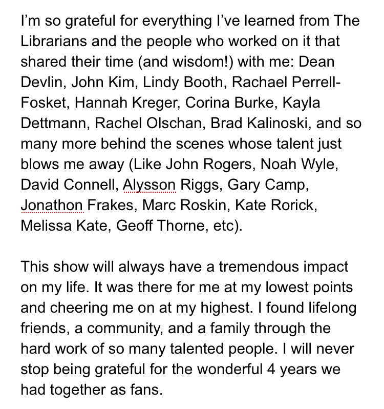 FlynnsCarnation's tweet photo. I had more than 280 characters to say

(And too many to tag @LibrariansTNT, @NancySizelove, @jedijenkins, @worldclassthief, @sanzochan, @SannetjeForWin, @katicsmoonpie, @SummerNeff, @ErinDFroehlich, @magneatohs, @Larroquettishes...)

Librarians Forever ❤️

#TheLibrarians https://t.co/m8PzT59WL1