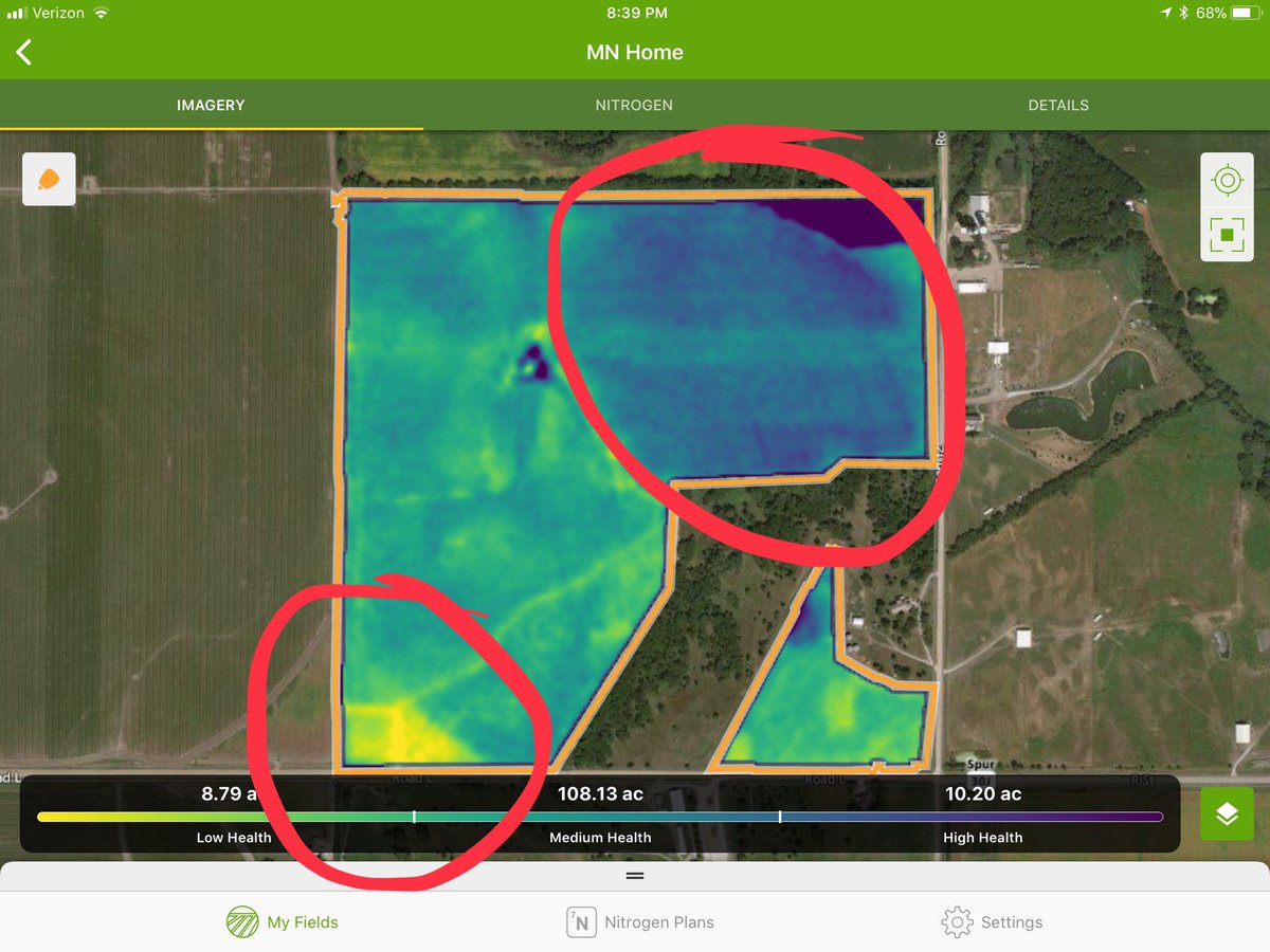 TheisAg's tweet photo. This is some outstanding ⁦@EncircaServices⁩ imagery.  SW corner is showing Fomasafen carryover and NE is the high mgmt area for #NCGA entry. ⁦@TheCornProphet⁩ ⁦@PioneerSeeds⁩ https://t.co/Mv6nZeI3th
