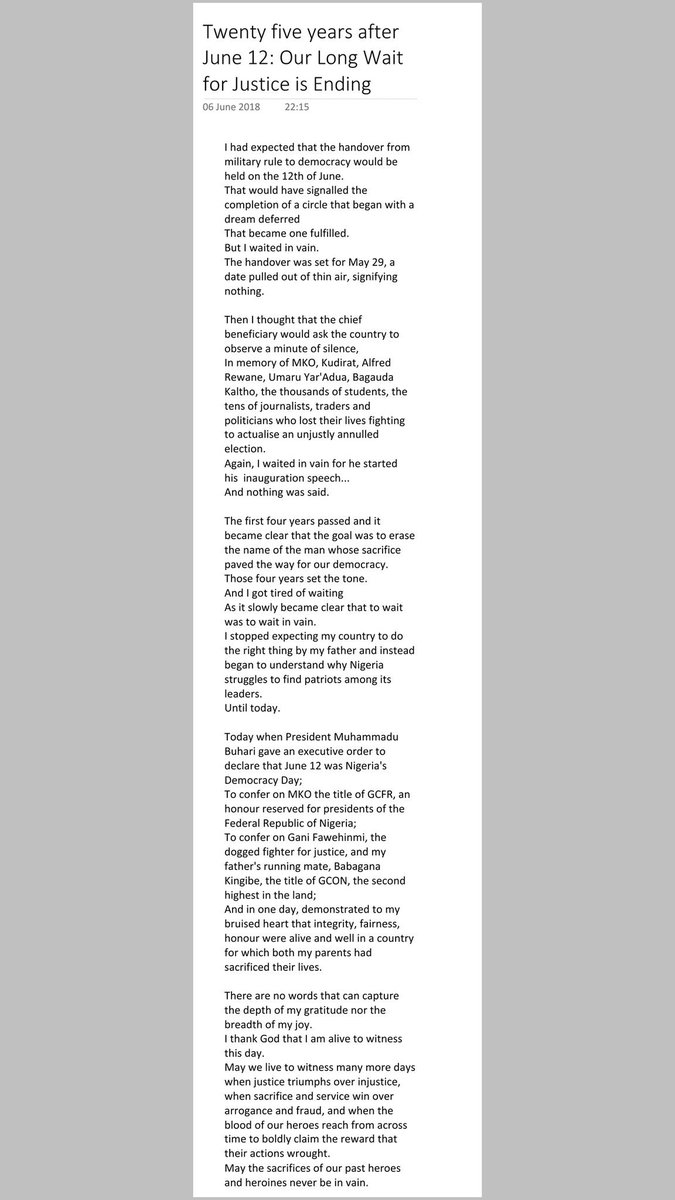 HafsatKIND's tweet photo. My thoughts on #MKOAbiola being conferred with the title of GCFR twenty five years after #June12... https://t.co/gA0tunSc80