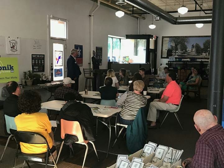 andygronik's tweet photo. I spoke to an enthusiastic room of people with the @WinnebagoDemsWI in Oshkosh today. I had a great time meeting everyone and having the opportunity to share my vision for how we can create a #WisconsinThatWorks for everyone. https://t.co/3M7dY5CsjC