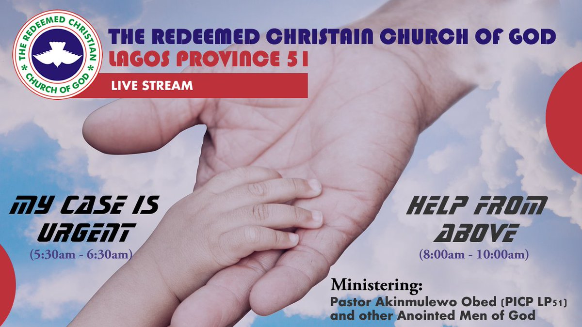 rccgregion53's tweet photo. Join us Live today for another wonderful Thursday Programme tagged: "My Case is Urgent".
Time: 5:30am
Connect Live:
https://t.co/NpfgKjBA18
Ministering: Pastor Akinmulewo Obed (PICP LP51) and Other Anointed Men of God
#RCCG #RCCGLP51 #ThursdayProgramme #MyCaseIsUrgent https://t.co/NszIFi0flm