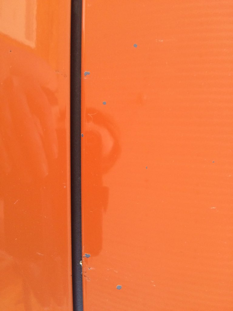 marianbrit55's tweet photo. .@SubaruCanada 
2018 sunshine orange Crosstrek  buyer beware. Paint chips all over since a week after purchased. Now has 75+. Been waiting 3 weeks for answer from warranty. The warranty person is on holiday! Really, one person doing warranty claims and no-one covering? https://t.co/XrKiemBDAh