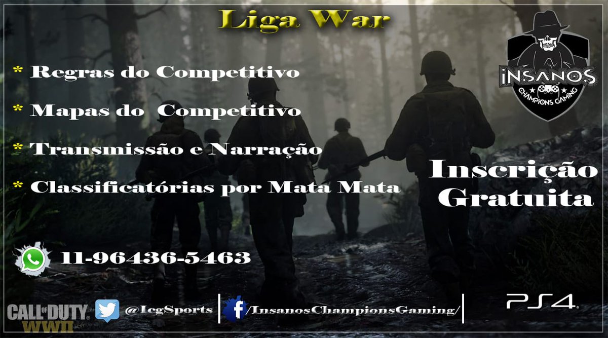 IcgSports's tweet photo. As inscrição para a Liga War estao abertas.
Ate mesmo você q tem uma equipe com o horario apertado pode participar, gostaria de participar? Inscreva sua equipe no link a baixo:
https://t.co/SyEq4iDtO1 https://t.co/M5bYYXbU4c