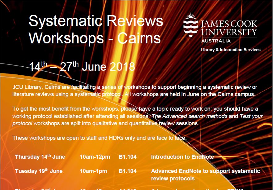 JCULibrary's tweet photo. #Researchers @jcu Are you interested in learning about #systematicreviews ? Register now for Advanced Searching/Systematic Review/Endnote workshops in June, CNS & TSV #JCULibraries @JCU_GRS https://t.co/q7VfmPaeUI https://t.co/IEaZ63Pq97