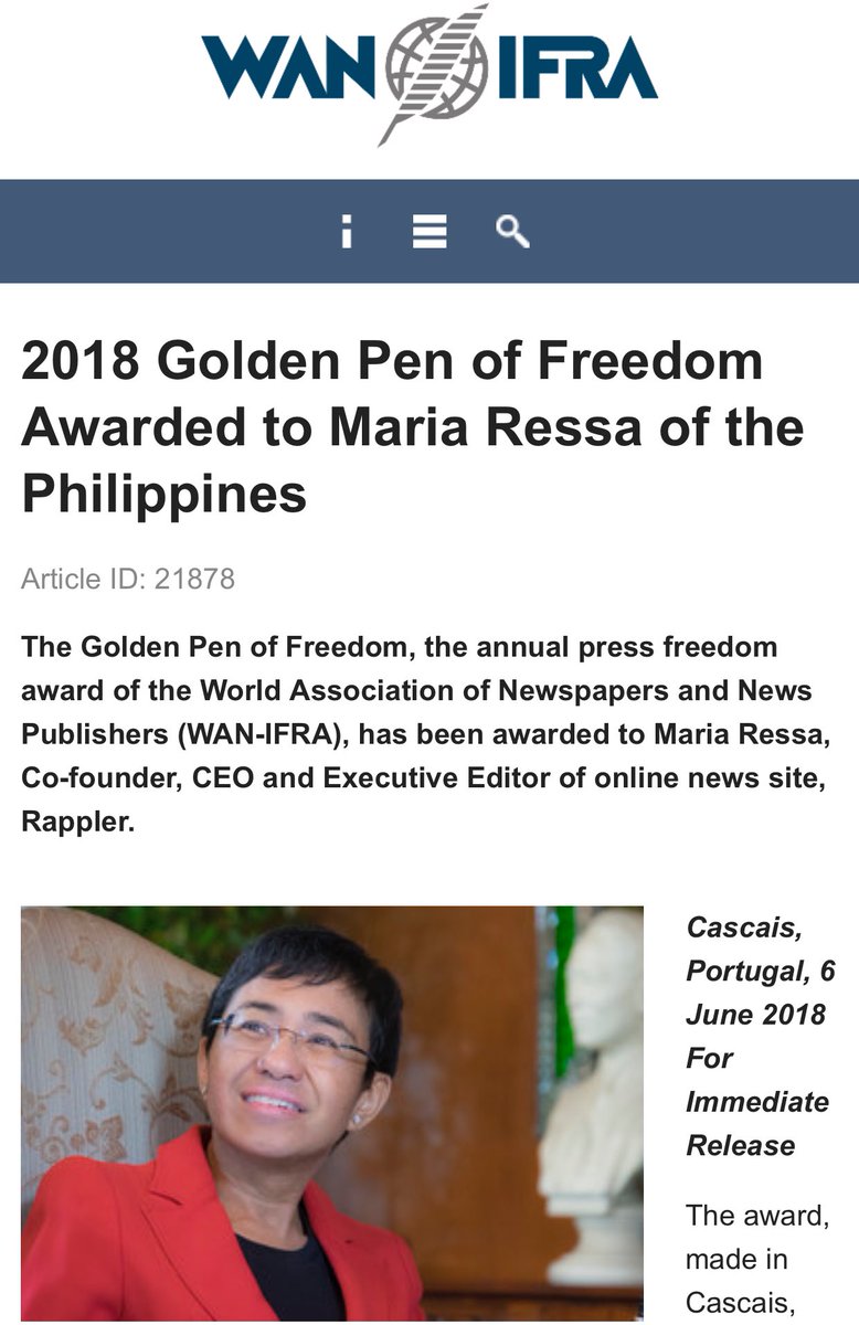 PunchTheLies's tweet photo. Congratulations @mariaressa @rapplerdotcom 

2018 Golden Pen of Freedom Awarded to Maria Ressa ‘@mariaressa’ of the Philippines

https://t.co/3rGjNnIaDC

#WNC18 #WANIFRA https://t.co/Vn6txTJoPR