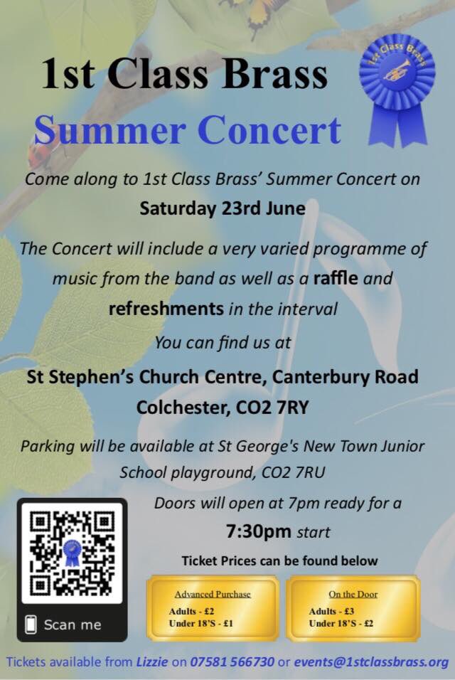 <a href="/Mannsmusic/">Mann's Music</a> Hello, We have our summer concert coming up very soon! A varied programme will be on offer and for such a low price it’s not to be missed !! Scan the code for more info! #Essex #BrassBand #Colchester #1stClassBrass