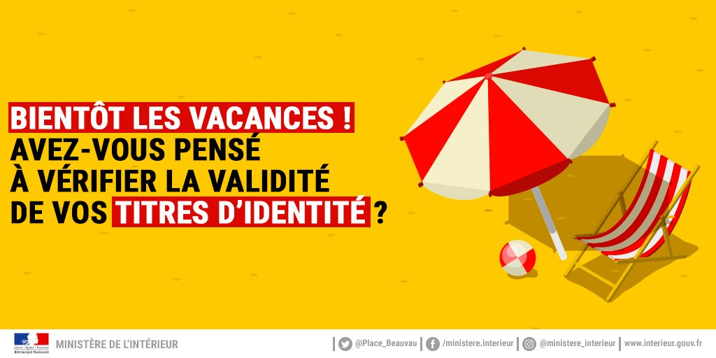 Interieur_Gouv's tweet photo. ✈️🏝 L'été arrive, vos vacances sont réservées... mais avez-vous pensé à vérifier vos titres d'identité ? A l'approche de l'été les délais s'allongent, n'attendez plus pour les renouveler si besoin ! Plus d'infos sur 👉https://t.co/gzZjOsQtJ0 https://t.co/sTapLnZkbE