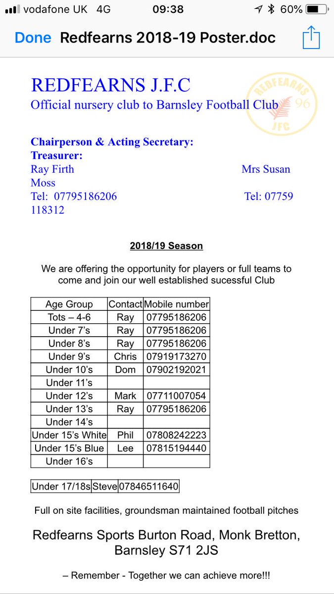 Redfearns jfc looking for players for next season.
Contacts below