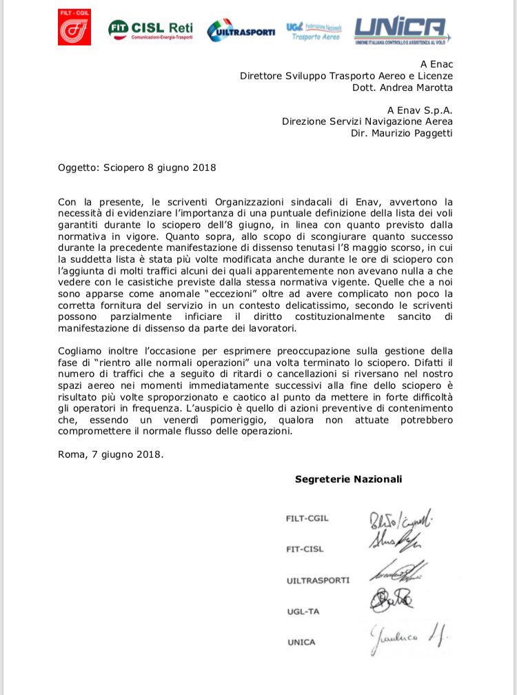 Lettera congiunta sciopero 8 giugno
