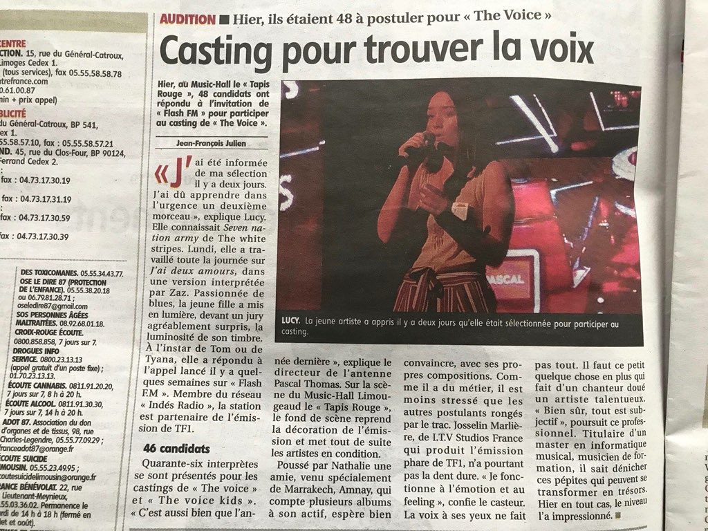 Merci <a href="/lepopulaire_fr/">Populaire du Centre</a> pour l’article sur le #casting <a href="/TheVoice_TF1/">The Voice ✌️</a>/@thevoicekids organisé à #limoges au #TapisRouge par <a href="/FlashFM_Limoges/">FlashFM Limoges 89.9</a> ! 🙏 Et @Sherley_off qui était là pour soutenir les candidats ! Manquait plus que <a href="/nikosaliagas/">Nikos Aliagas</a> 😄 <a href="/Pascalratinaud/">Pascal Ratinaud</a> <a href="/jfjulien87/">Jean-François Julien</a> <a href="/francklagier/">Franck Lagier</a>