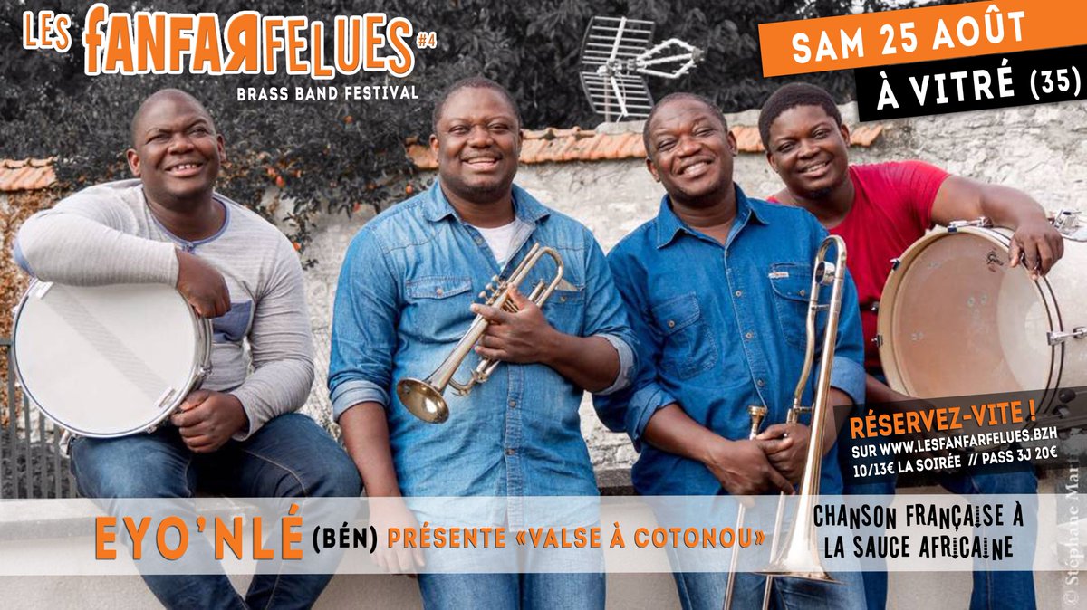 LesFanfarfelues's tweet photo. A retrouver le samedi 25 août à Vitré ! EYO'NLÉ présente "Valse à Cotonou", où quand l'une des plus célèbres fanfares africaines revisite la chanson française !
À ne manquer sous aucun prétexte !
Écoutez-les ici : https://t.co/Mi6VENApsw https://t.co/SXvZMCkNnP