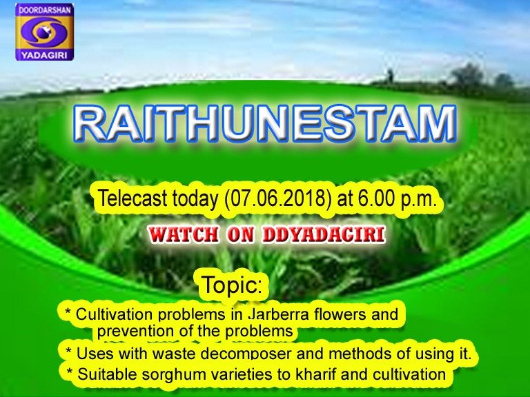 DDYadagiri's tweet photo. #Raithunestam Programme : Telecast today (07.06.2018) at 6.00 p.m. on @DDYadagiri @ddyadagirinews @DDNational @DDKisanChannel @UrduDoordarshan @DDSaptagirivja @ddchandanabng @ddgirnarlive @DDPodhigaiTV @DDUttarPradesh @DDBiharChannel @DG_Doordarshan https://t.co/6wH98Q9UEC