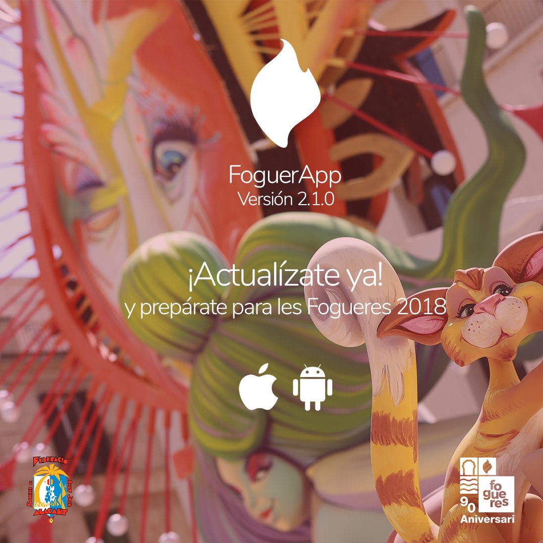 fed_fogueres's tweet photo. Prepárate para les Fogueres 2018 ¡Descarga ya FoguerApp!
Aplicación oficial de les Fogueres de Sant Joan

Para Android: https://t.co/DY9G7a16Iy
Para iOs: https://t.co/ntW6L6lol1

#90anysdefogueres #fogueres2018 #fogueres #hogueras2018 #foguerapp #jaestemenfogueres @foguerapp https://t.co/cQZ5p99Zs9