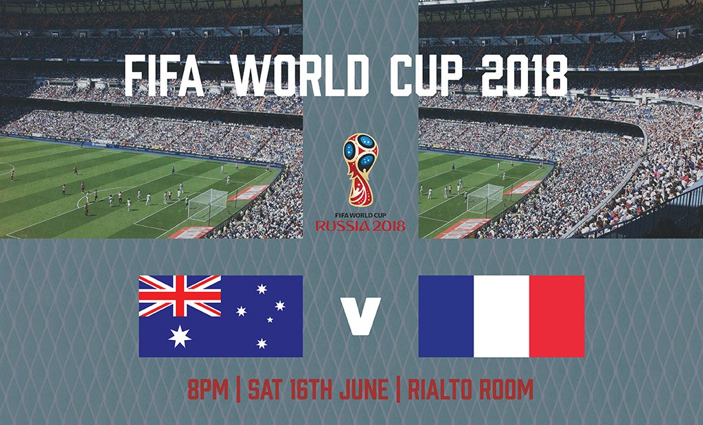 Book your tickets now for the Australia V France game showing on the Big Screen at the Veneto Club!

Book online: onlineevent.com.au/event/fc-bulle…

or alternatively call the office on 9850 4121 to book.

#venetoclub #FCBL #worldcup2018