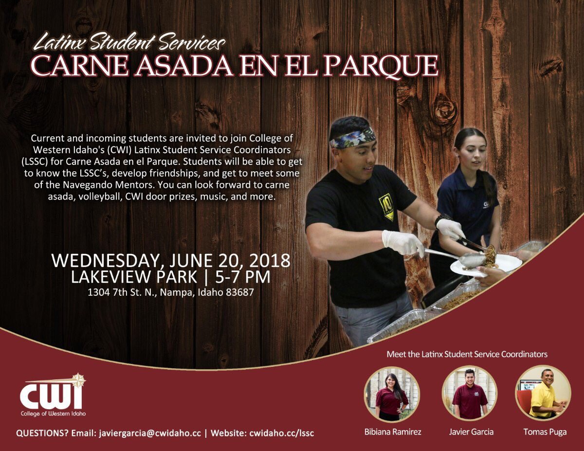 CWIStudentLife's tweet photo. Current and incoming students are invited to join the College of Western Idaho’s Latinx Student Service Coordinators for Carne Asada en el Parque! https://t.co/qh4eIx2GHY