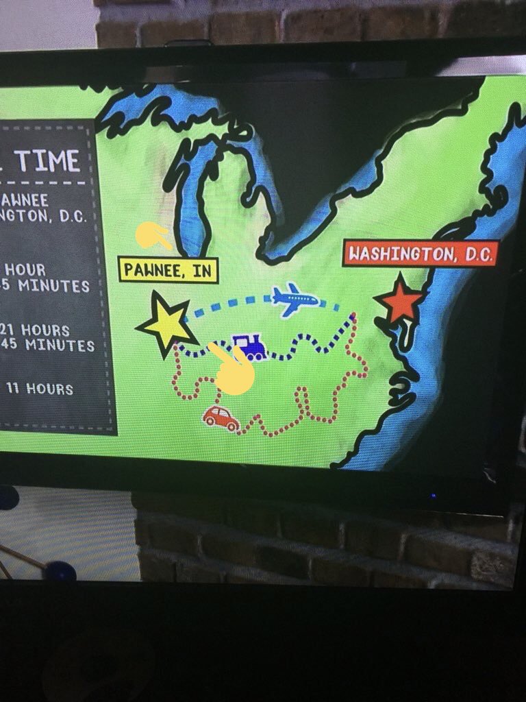 Thanks to  @lindythetendy we have another one. I.T you look at a map from Pawnee, IN to Washington DC it’s pretty easily noticeable that Pawnee and Evansville extremely close on the map if not the same spot. Look from the tip of Lake Michigan to where he cities are marked