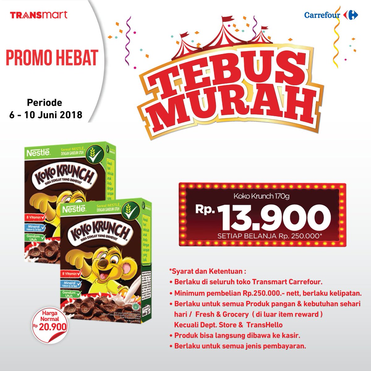 Transmart_IND's tweet photo. Tebus murah datang lebih cepat, yuk segera belanja dan dapatkan harga hemat untuk Koko Krunch & Biore Body Foam tiap pembelanjaan min. 250 ribu. Promo mulai 6-10 Juni 2018, klik https://t.co/BweMU7Kwwk
#PromoAkhirPekan #PromoHebatTransmart https://t.co/SrQvkX5E56