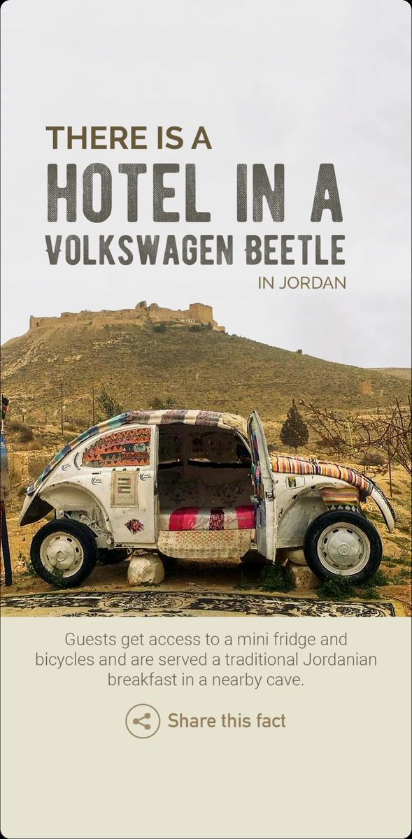 _PremYadav_'s tweet photo. In Jordan, there is a Hotel in @Volkswagen Beetle and Guest are served traditional Jordanian breakfast in nearby cave shown in image.
#ClickImage👇
#Fact https://t.co/fFnoILjDfi