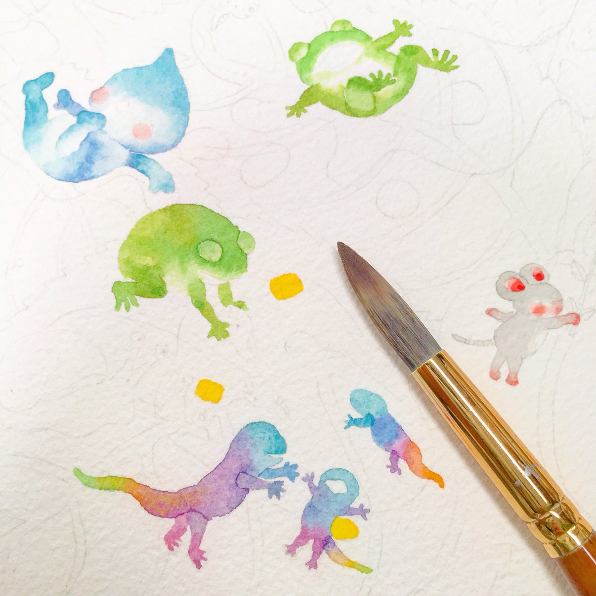 こばやしあや 紫陽花の絵が色づきはじめました Start Painting Color 絵 水彩画 水彩 イラスト Drawing Illustration Watercolor はっぱ 葉 紫陽花 Frog かえる トカゲ お水 ねずみ Mouse T Co