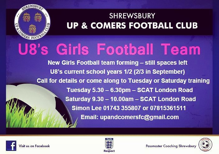 UpandComersFC's tweet photo. The club are recruiting for our U8 Girls team.  All those in year 2 or 3 from September 2018 are welcome 🥅⚽️

#shrewsbury #upandcomers #fun #football #letthemplay #wecanplay #thisgirlcan #girlsfootballweek #thisgirlcan #wecanplay #girlsfootball https://t.co/bm2CdcgAPv