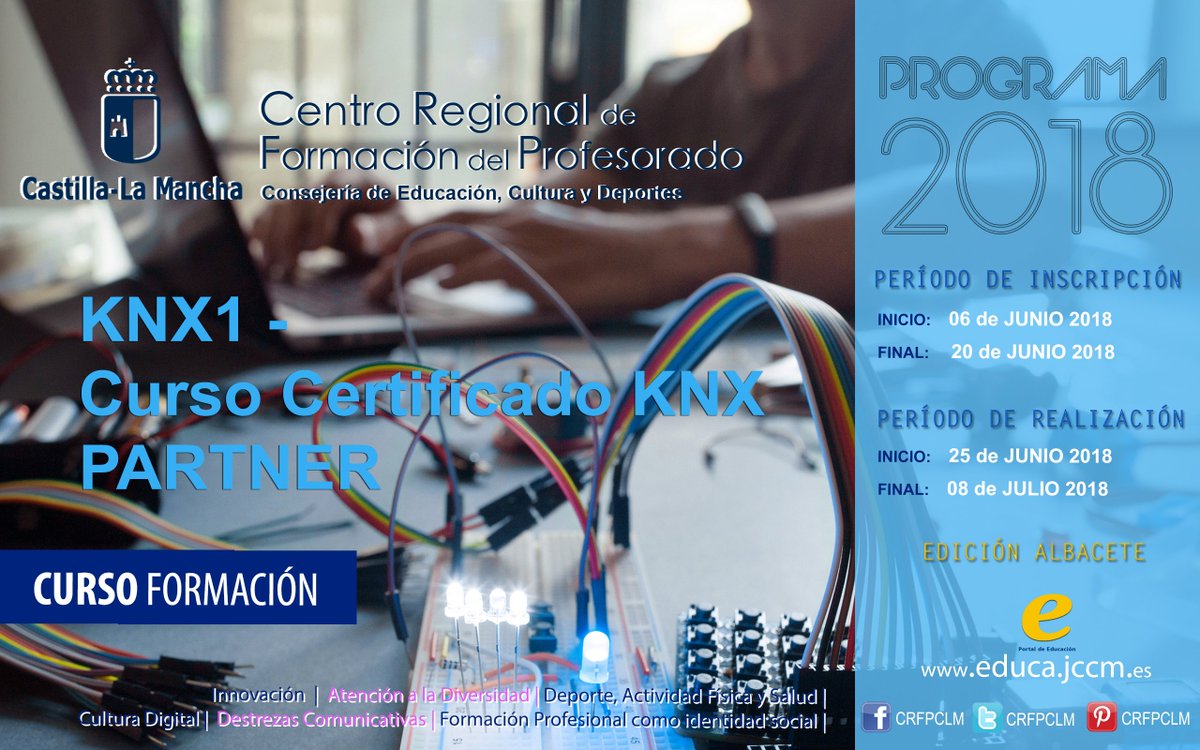 CRFPCLM's tweet image. KNX1 - Curso Certificado KNX PARTNER. Edición Albacete (Edición 1)
Periodo de inscripción: 06/06/2018 20/06/2018
Periodo de realización: 25/06/2018 08/07/2018
Línea formativa: F.P. como Identidad Social
Estado: Inscripción abierta
@CRFPCLM @educajccm …macionprofesorado.castillalamancha.es/comunidad/crfp…