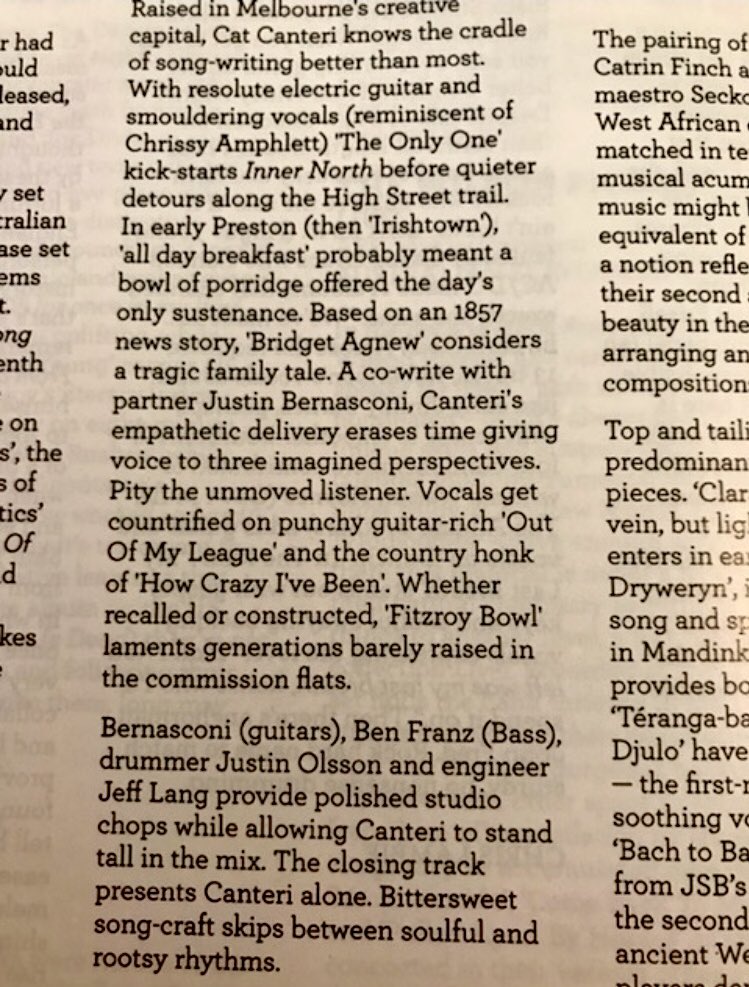 CatCanteri's tweet photo. “Resolute electric guitars and smouldering vocals”⚡️Thanks to @RhythmsMag @chris_lambie for reviewing my record &amp; for undying support of Australian Roots music 🙏🏽 #InnerNorthTour https://t.co/6myhWIe6uw