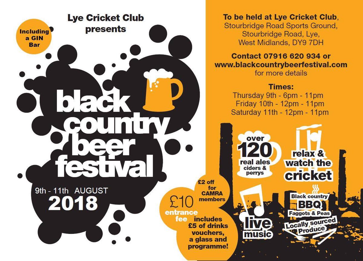BCBeerFest's tweet photo. 2 MONTHS TO GO until this years Black Country Beer Festival at Lye Cricket Club. Over 120 ales, ciders &amp; perry's, live music, cricket and selection of hot food! We will also be having our very own gin bar! 9/10/11 August! https://t.co/VvJ1RydT0O @StourHalesCAMRA @ExpressandStar https://t.co/LJvo5Mho0p