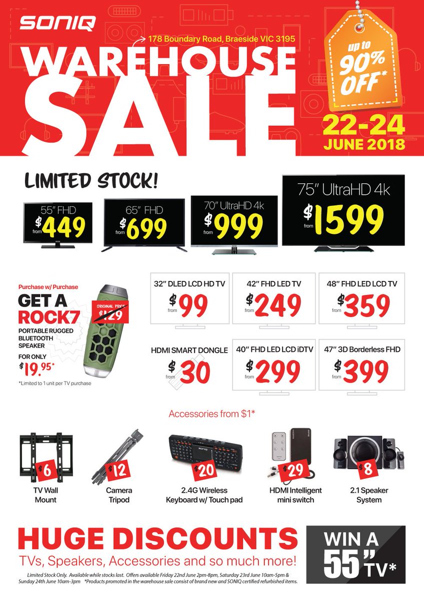 #SONIQWAREHOUSESALE2018 #MELBOURNE #178BoundaryRd #Braeside 
Our highly anticipated event! SONIQ Mid-Year Warehouse Sale! Up to 90% OFF selected products and all stocks are priced to clear!