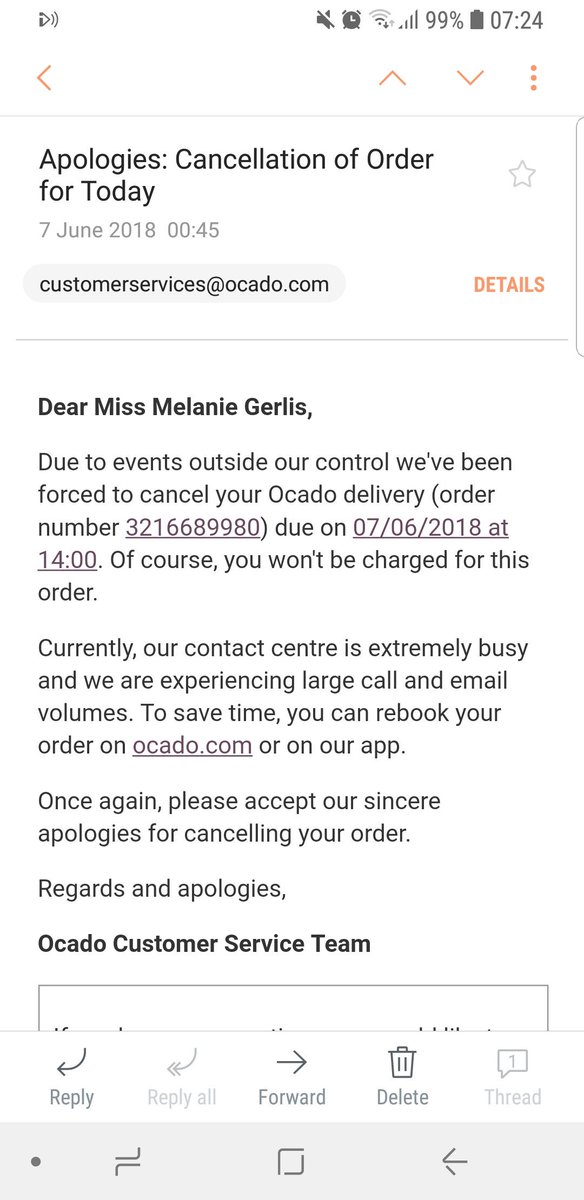 Ocado A Twitter We Apologise For Letting You Down At Short Notice Melanie And For The Inconvenience This Will Now Cause You Please Be Assured We Re Working Hard To Ensure Similar Issues