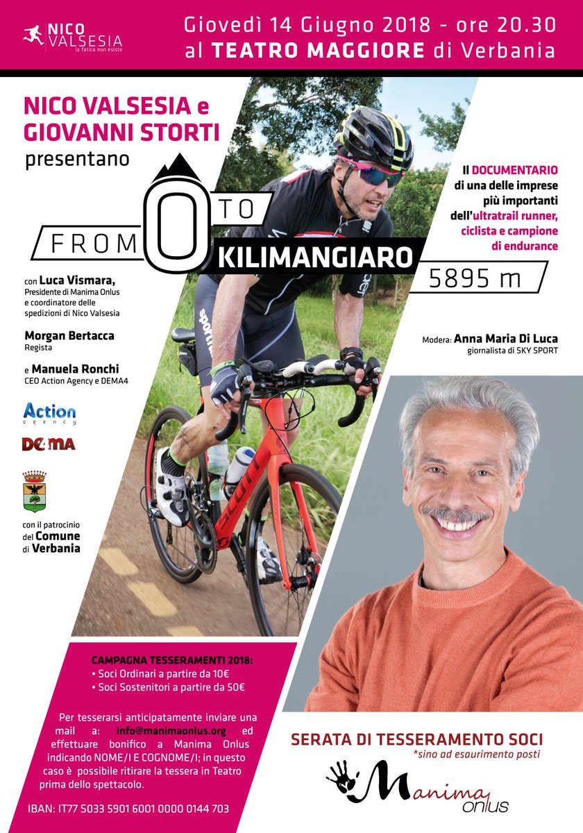TheNicoValsesia's tweet photo. Siete tutti invitati alla presentazione del documentario #FromZeroTo #Kilimangiaro 5895m. Ci sarà anche il mio amico #GiovanniStorti!
🗓 #14giugno h 20.30 
🎭 Teatro Maggiore di #Verbania
Con Luca #Vismara (#Manima), Morgan #Bertacca e Manuela #Ronchi.
Conduce Anna Maria Di Luca https://t.co/g8bqoGkbLP