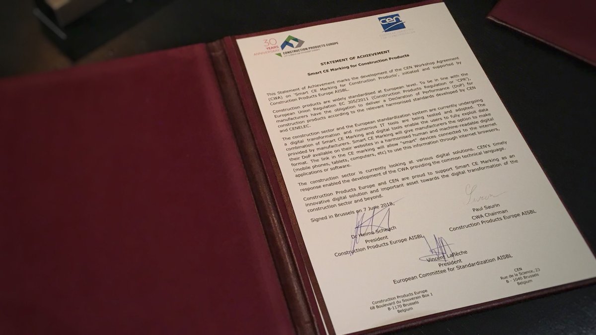 o3car's tweet photo. Thank you for your support to develop the CWA on #SmartCE marking, the presidents of @Standards4EU and @ConstructionEU signed it today, @PaulSurin the chair of the group did it some days ago. We are looking forward its implementation by CEN/TCs https://t.co/1TrciHdUNx