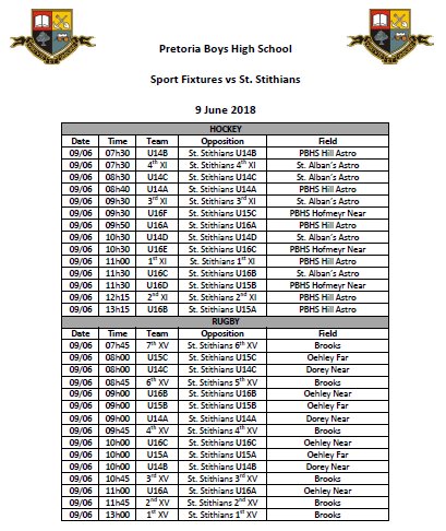 Weekend sport fixtures vs St. Stithians @ Home - 9 June 2018