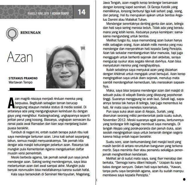 BudiSetyarso's tweet photo. Tentang adzan. Ditulis wartawan Tempo bernama Stefanus. https://t.co/Ed0ow0gZz3