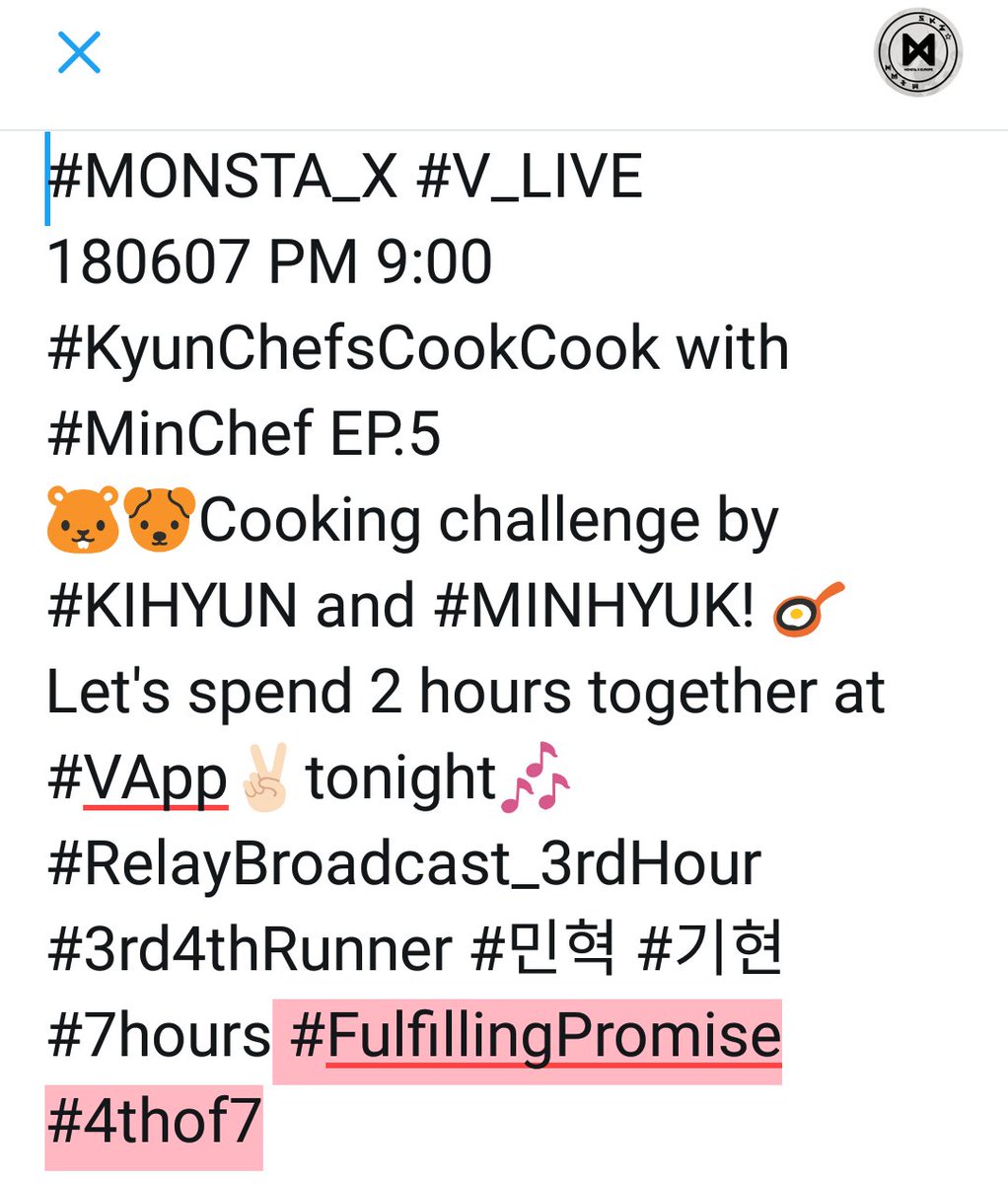MonstaXEurope's tweet photo. TRANS | Twitter | 07.06.18
"#MONSTA_X #V_LIVE
180607 PM 9
#KyunChefsCookCook with #MinChef EP.5
🐹🐶Cooking challenge by #KIHYUN and #MINHYUK! 🍳
Let's spend 2 hours together at #VApp✌🏻tonight🎶
#RelayBroadcast_3rdHour
#3rd4thRunner #민혁 #기현
▶ https://t.co/Xk84RFfWDA" https://t.co/yUV6jV89Hv