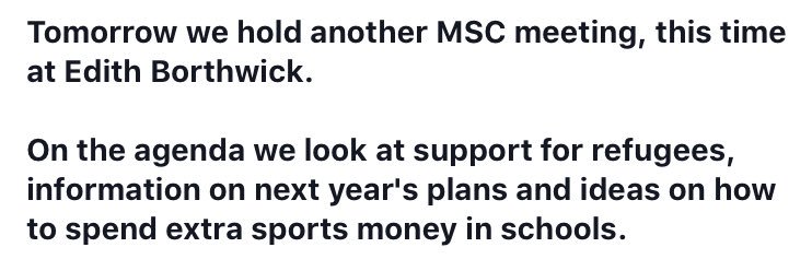 Tomorrow we hold another MSC meeting, this time at Edith Borthwick.

On the agenda we look at support for refugees, information on next year's plans and ideas on how to spend extra sports money in schools.

#pupilvoice