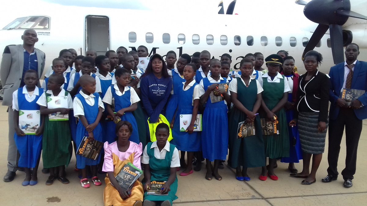 MalawiAirlines's tweet photo. Our First Officer Lusekelo Mwenifumbo took time off flying to interact with girls drawn from various schools under Community Integrated Intervention Project (CIIP) at KIA in Lilongwe. 
#flyMalawiAirlines
#FromTheWarmHeartofAfrica
#www.malawian-airlines.com https://t.co/uUkRsSUCOR