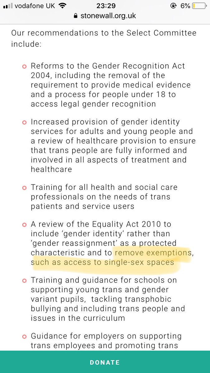 August 2015Stonewall submission to the Women & Equalities Select Committee says MPs should amend the EA to “remove exemptions, such as access to single-sex spaces” https://www.stonewall.org.uk/women-and-equalities-select-committee-inquiry-transgender-equality