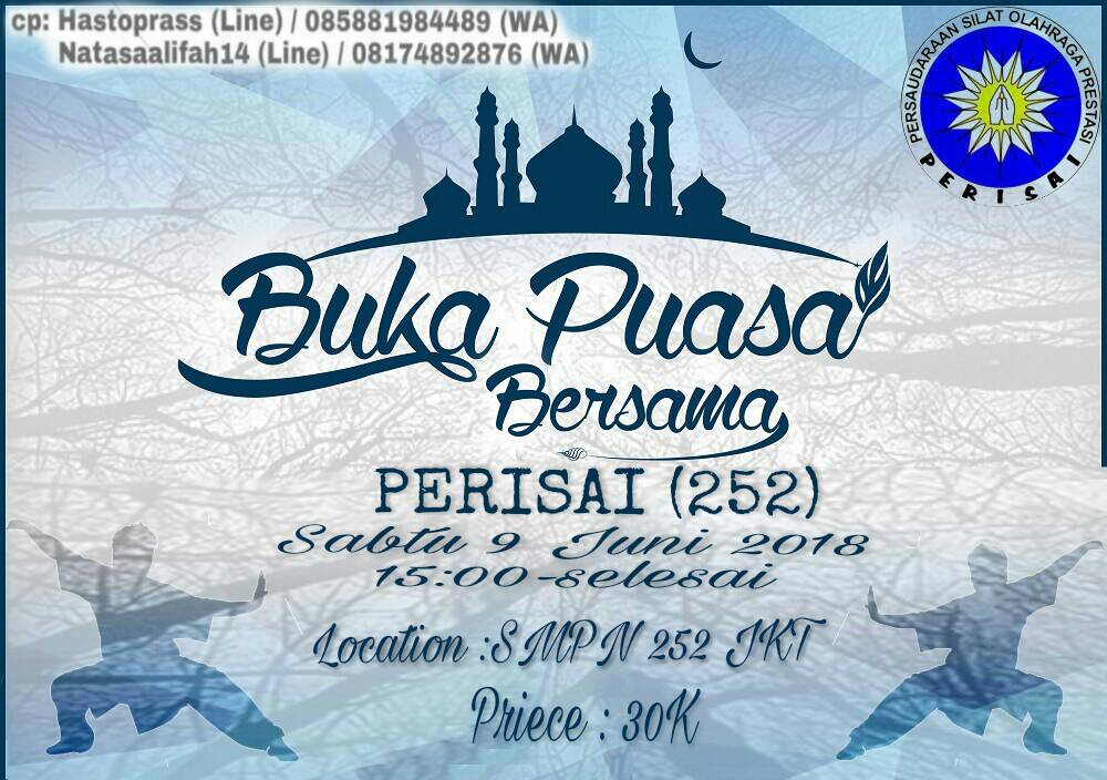 PERISAI_252's tweet photo. Assalamualaikum selamat puasa para pesilat! 

Jangan lupa ya Sabtu Perisai 252 ngadain bukber bersama keluarga besar Perisai 252. 
Kehadiran kakak alumni tentu diharapkan semuanya.

Semangat puasa ya semua! Jangan lupa ibadah lailnya ok💙 https://t.co/rsFAOLBdEU