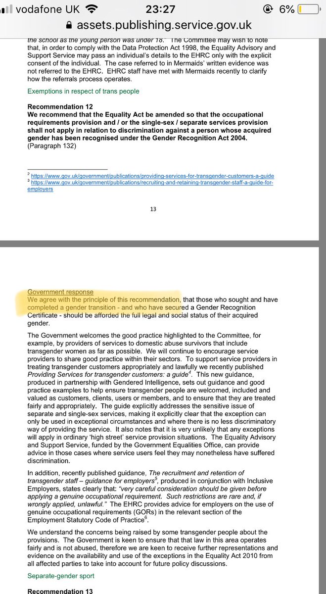 July 2016Govt response to W&E Committee says: “we agree with the principle of this recommendation” on EA exemptions and seeks evidence for “future policy discussions”  https://assets.publishing.service.gov.uk/government/uploads/system/uploads/attachment_data/file/535764/Government_Response_to_the_Women_and_Equalities_Committee_Report_on_Transgender_Equality.pdf