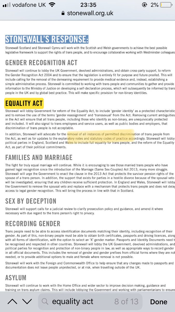 July 2017Stonewall commits to “advocate for the removal” of EA provisions allowing sex-based discrimination.  https://www.stonewall.org.uk/sites/default/files/stw-vision-for-change-2017.pdf