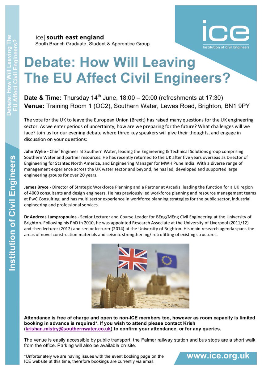 ICEGSCommittee's tweet photo. How will leaving the EU affect Civil Engineers? Join us for our evening debate on 14th June at the Southern Water Falmer office where three key speakers will give their thoughts, and engage in discussion on your questions. See attached poster for details. https://t.co/kJHtLrzQiO